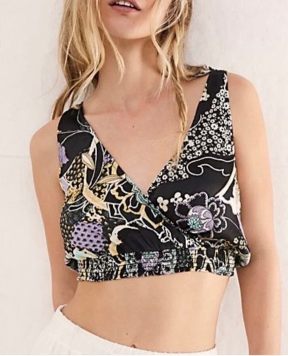 Free People Montauk Floral Tie-Shoulder Crop Tank Top, Small NWT